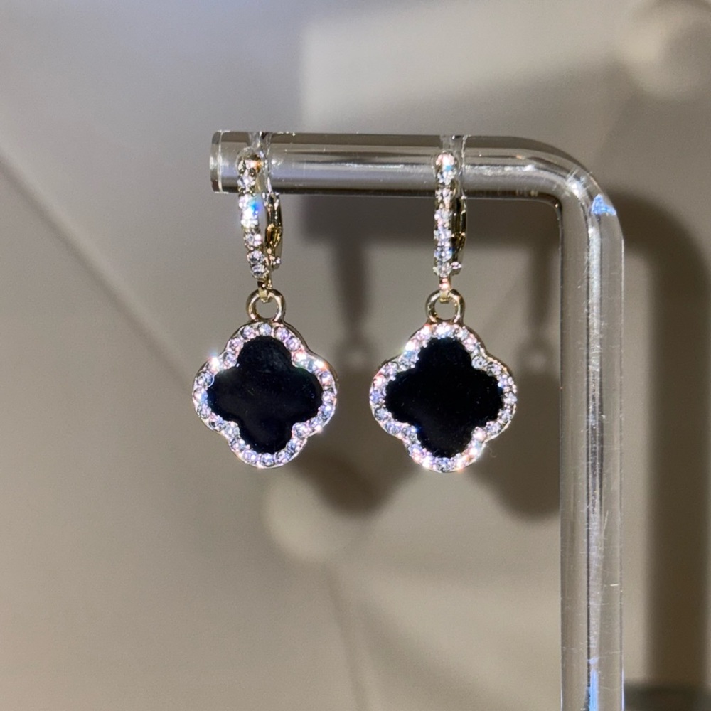 Elegant Black & Gold Crystal Clover Hoop Earrings